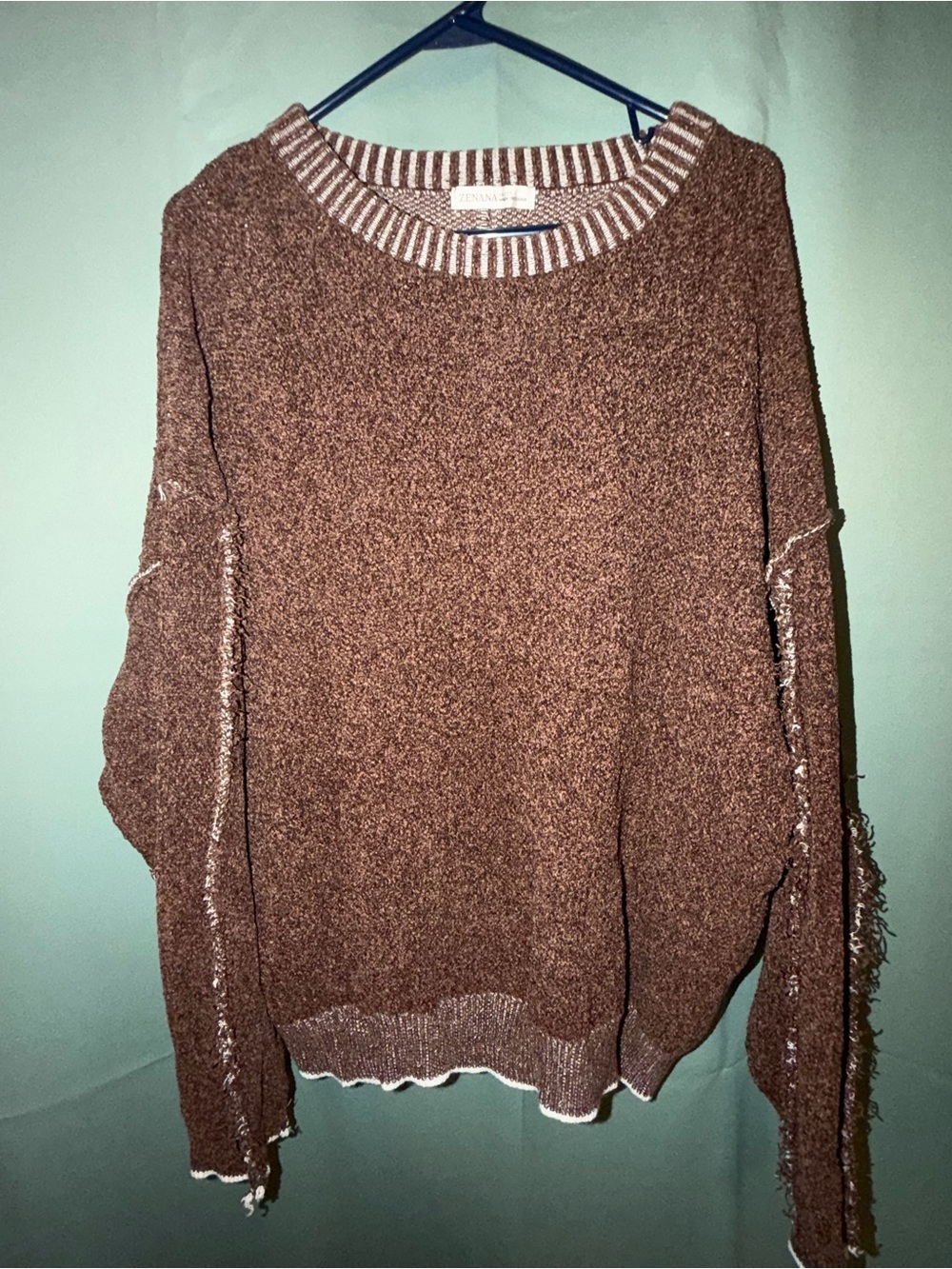 Zenana Outfitters Brown Cozy Crewneck Sweater with Striped Trim